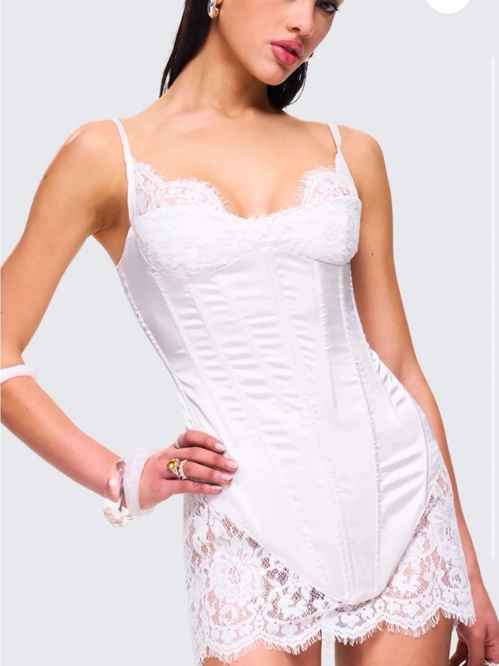 Finesse Rosie White Lace Satin Corset Mini Dress Women’s Size Large